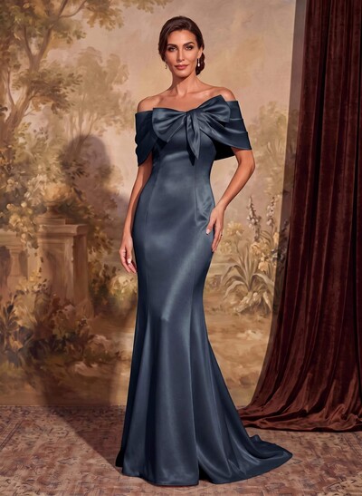Elegant Bow(s) Off-The-Shoulder Mermaid Sweep Train Satin Mother Of The Bride Dresses