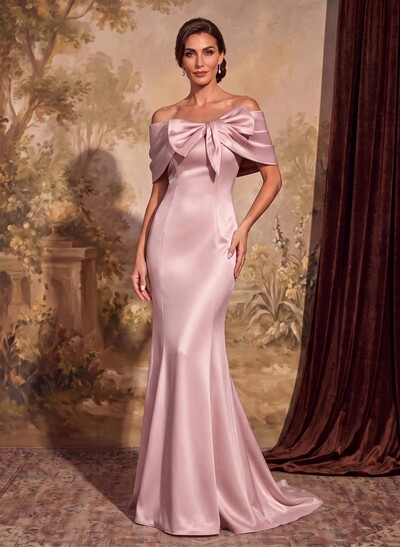 Elegant Bow(s) Off-The-Shoulder Mermaid Sweep Train Satin Mother Of The Bride Dresses