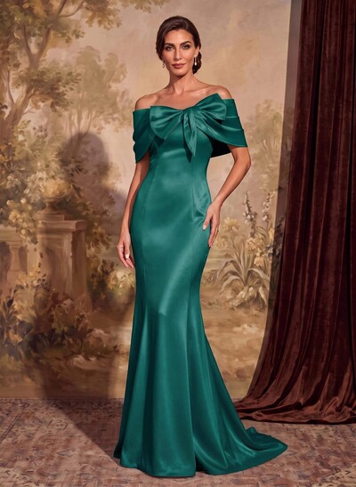 Elegant Bow(s) Off-The-Shoulder Mermaid Sweep Train Satin Mother Of The Bride Dresses
