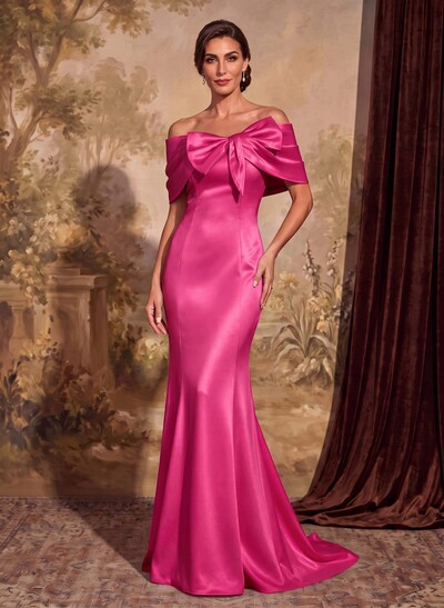 Elegant Bow(s) Off-The-Shoulder Mermaid Sweep Train Satin Mother Of The Bride Dresses