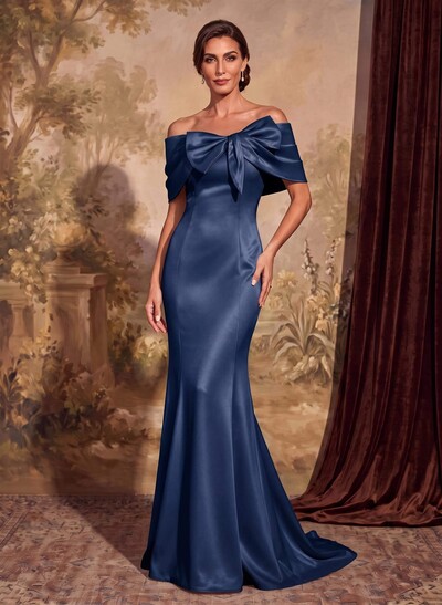 Elegant Bow(s) Off-The-Shoulder Mermaid Sweep Train Satin Mother Of The Bride Dresses