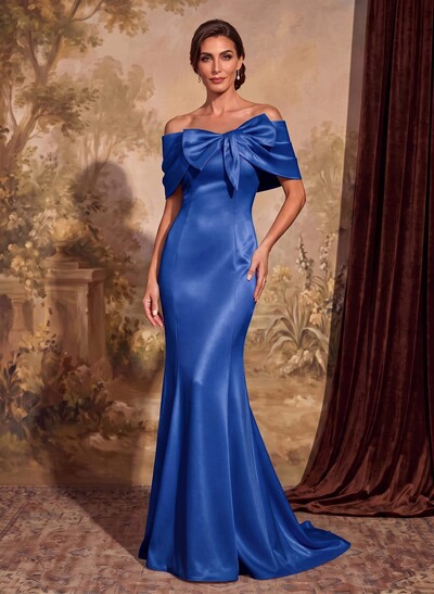 Elegant Bow(s) Off-The-Shoulder Mermaid Sweep Train Satin Mother Of The Bride Dresses