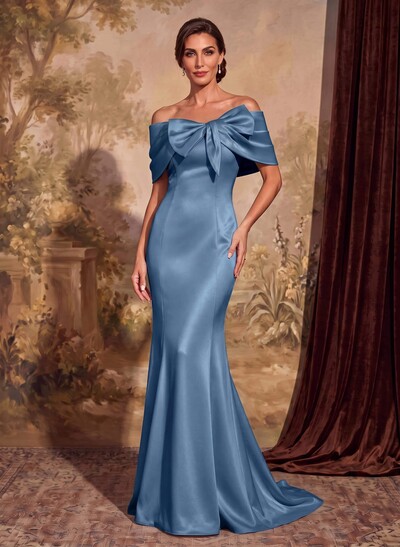Elegant Bow(s) Off-The-Shoulder Mermaid Sweep Train Satin Mother Of The Bride Dresses