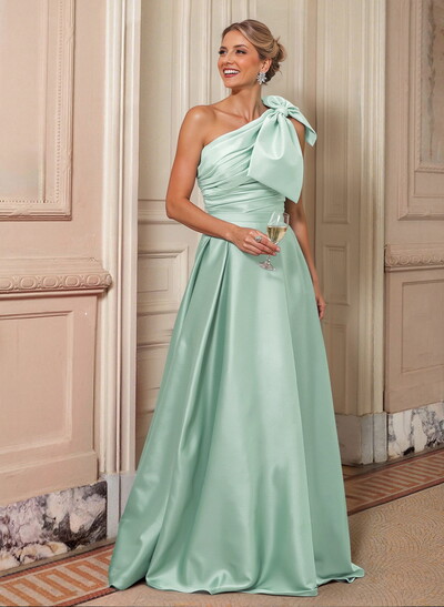 Elegant Bow(s) One-Shoulder A-Line Sweep Train Satin Mother Of The Bride Dresses