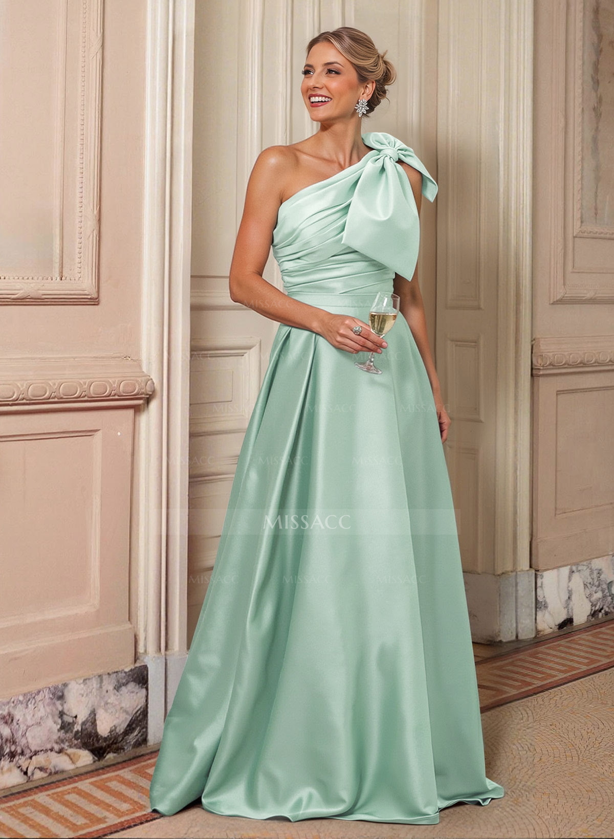 Elegant Bow(s) One-Shoulder A-Line Sweep Train Satin Mother Of The Bride Dresses