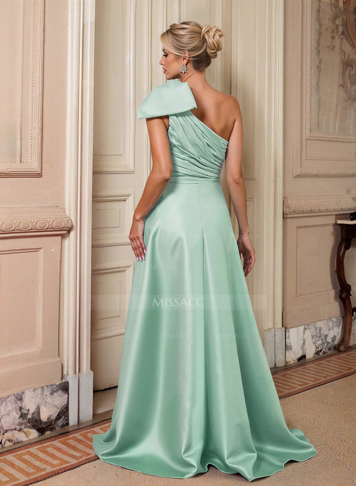 Elegant Bow(s) One-Shoulder A-Line Sweep Train Satin Mother Of The Bride Dresses