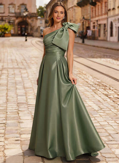 Elegant Bow(s) One-Shoulder A-Line Sweep Train Satin Mother Of The Bride Dresses