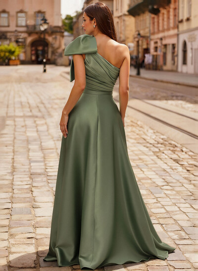 Elegant Bow(s) One-Shoulder A-Line Sweep Train Satin Mother Of The Bride Dresses