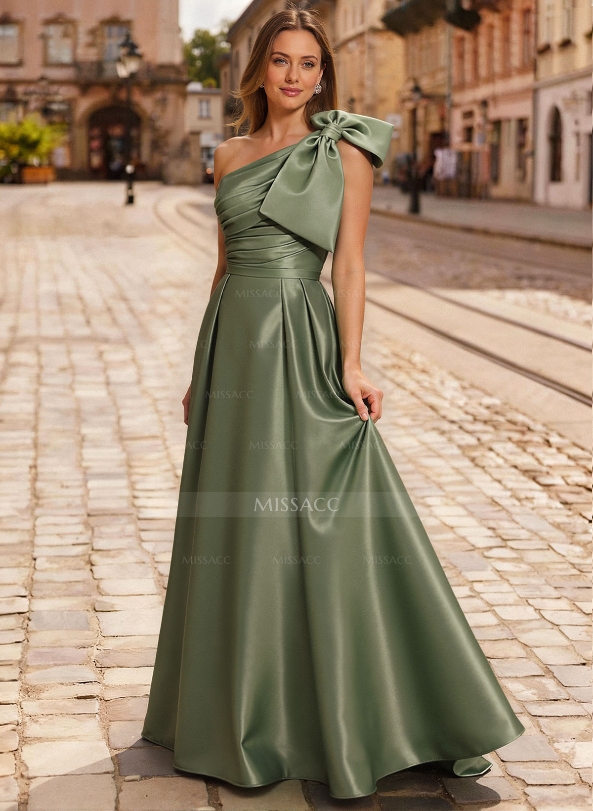 Elegant Bow(s) One-Shoulder A-Line Sweep Train Satin Mother Of The Bride Dresses