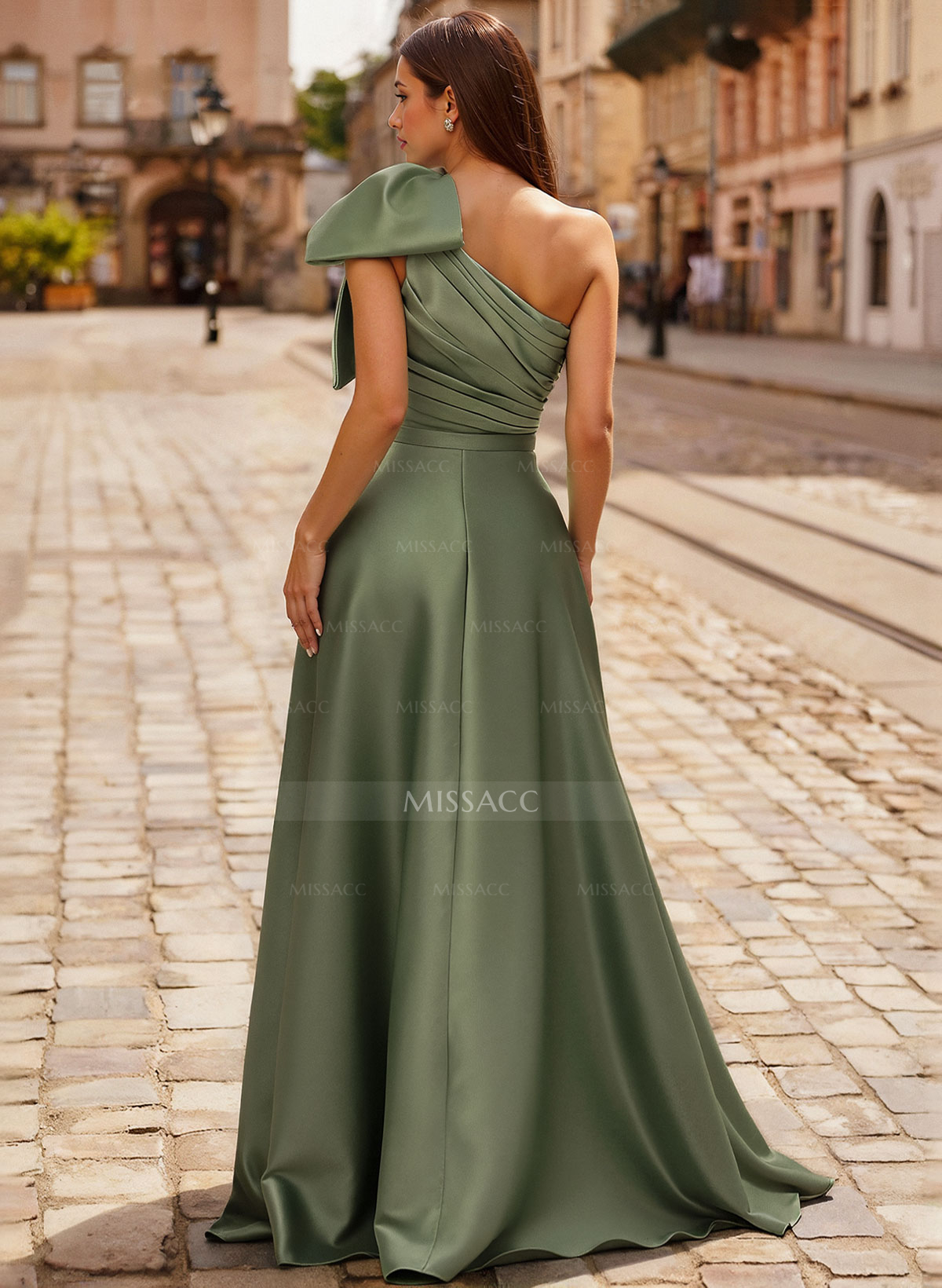 Elegant Bow(s) One-Shoulder A-Line Sweep Train Satin Mother Of The Bride Dresses