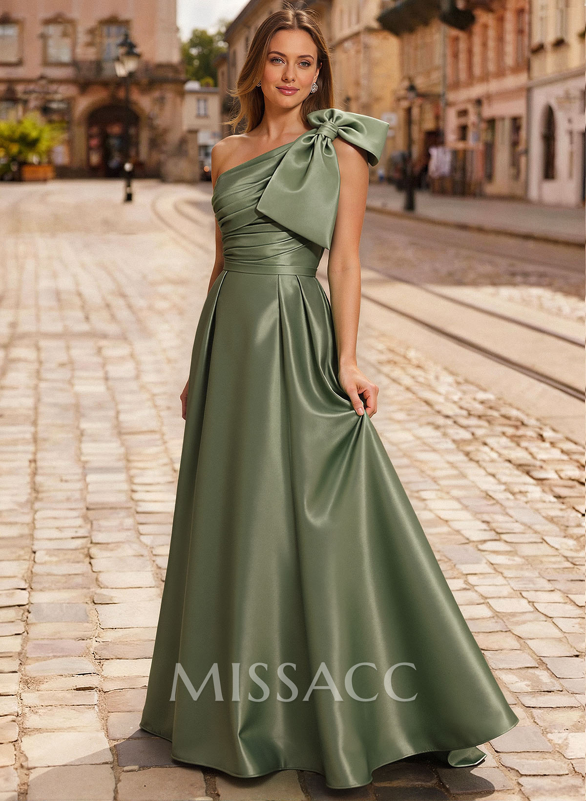 Elegant Bow(s) One-Shoulder A-Line Sweep Train Satin Mother Of The Bride Dresses Elegant Bow(s) One-Shoulder A-Line Sweep Train Satin Mother Of The Bride Dresses