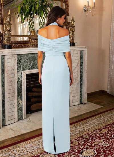 Elegant Halter Off-The-Shoulder Back Slit Floor-Length Crepe Satin Mother Of The Bride Dresses