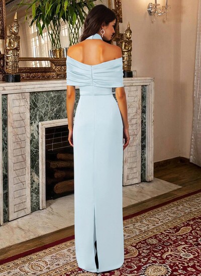 Elegant Halter Off-The-Shoulder Back Slit Floor-Length Crepe Satin Mother Of The Bride Dresses