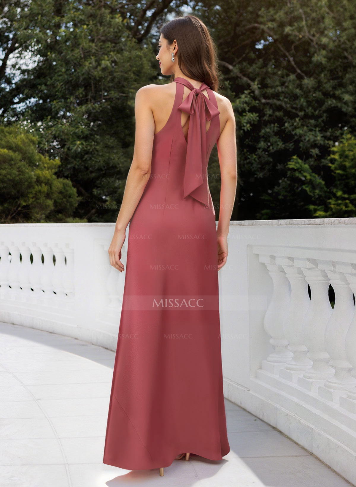 Elegant High Neck Bow(s) Back Hole A-Line Floor-Length Crepe Satin Mother Of The Bride Dresses