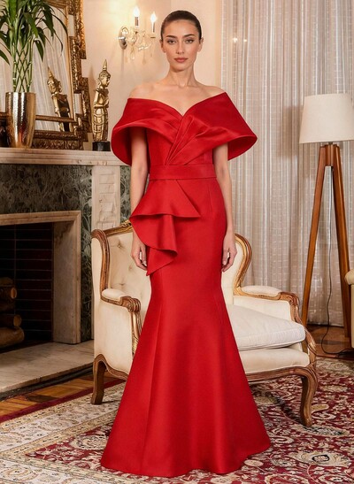 Elegant Off-The-Shoulder Mermaid Floor-Length Satin Mother Of The Bride Dresses With Ruffle