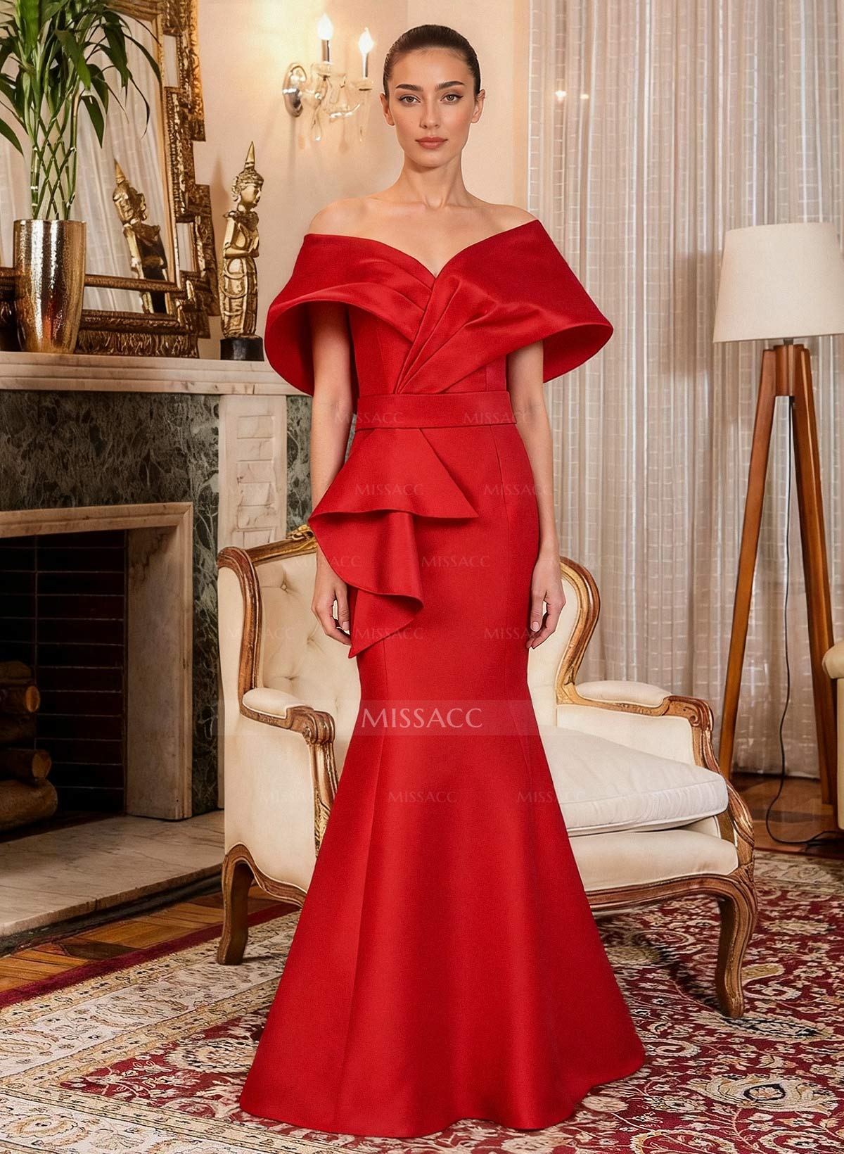 Elegant Off-The-Shoulder Mermaid Floor-Length Satin Mother Of The Bride Dresses With Ruffle
