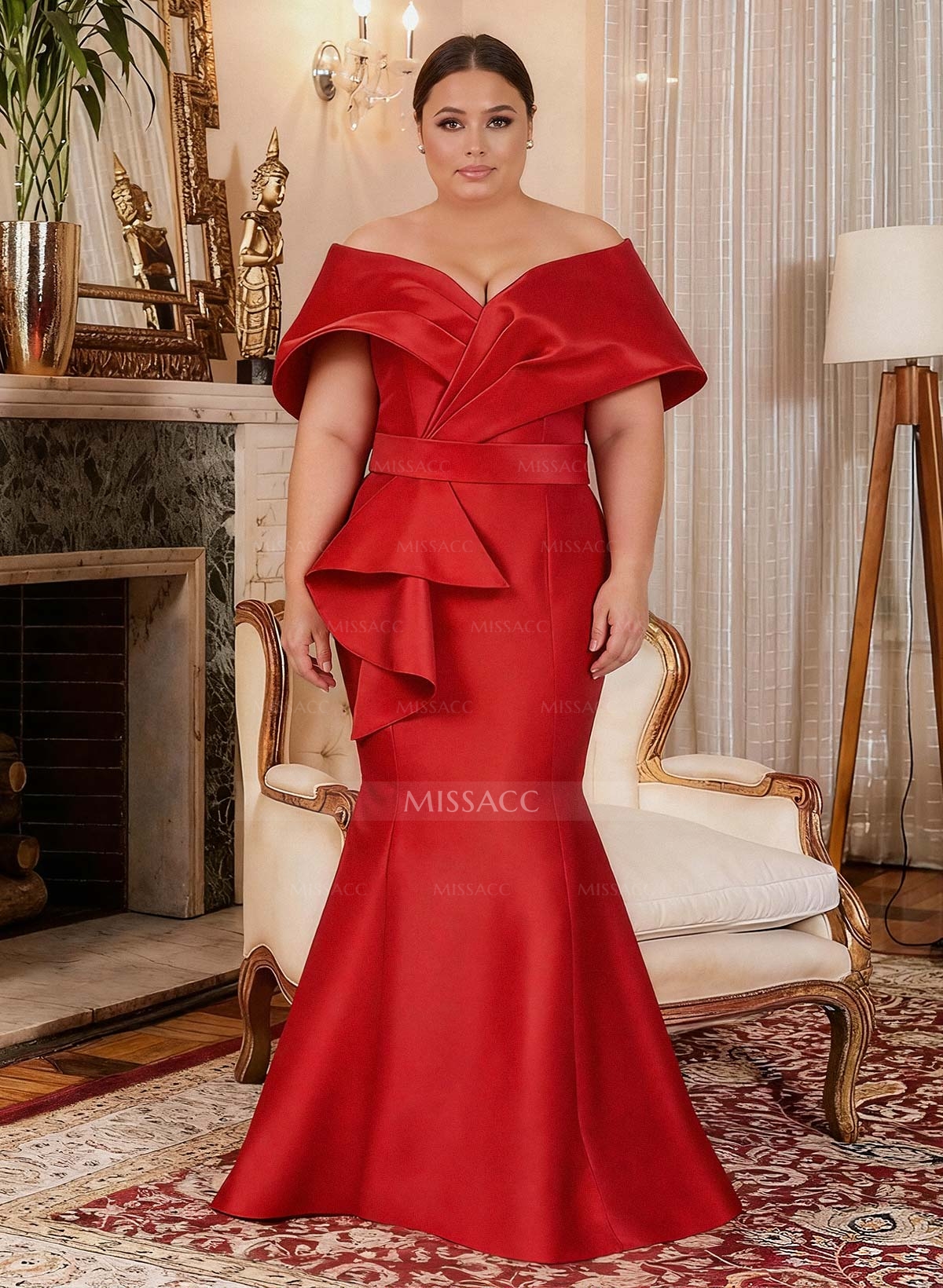 Elegant Off-The-Shoulder Mermaid Floor-Length Satin Mother Of The Bride Dresses With Ruffle