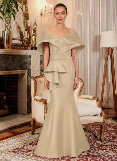 Elegant Off-The-Shoulder Mermaid Floor-Length Satin Mother Of The Bride Dresses With Ruffle