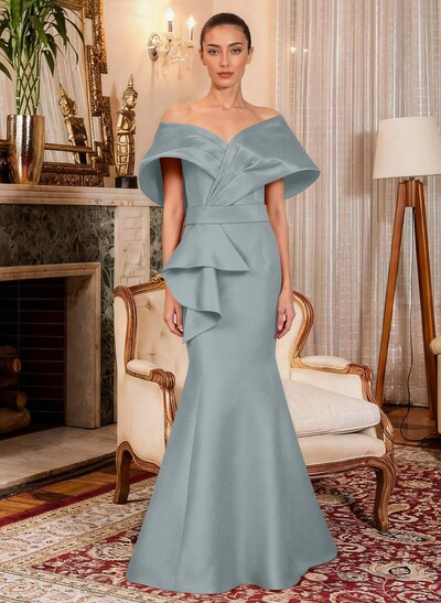 Elegant Off-The-Shoulder Mermaid Floor-Length Satin Mother Of The Bride Dresses With Ruffle