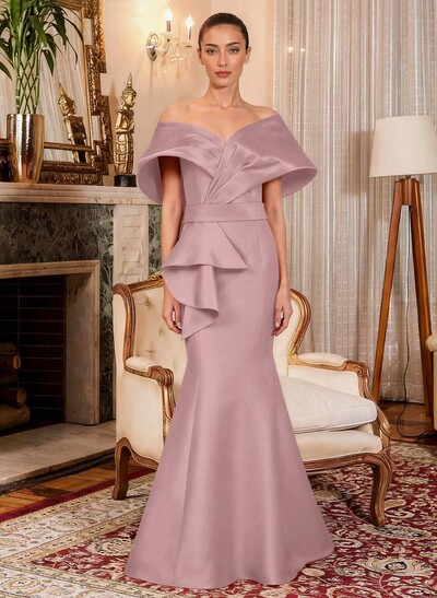 Elegant Off-The-Shoulder Mermaid Floor-Length Satin Mother Of The Bride Dresses With Ruffle