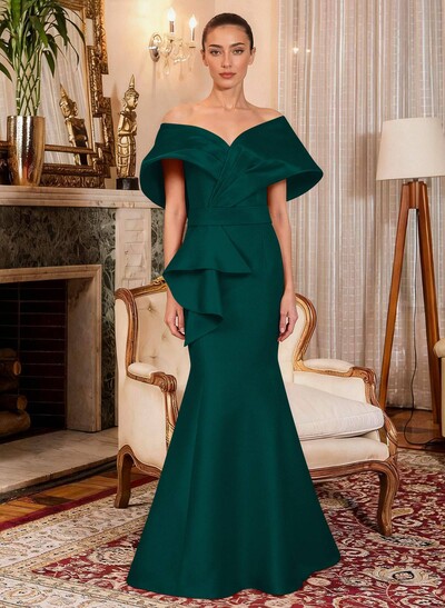 Elegant Off-The-Shoulder Mermaid Floor-Length Satin Mother Of The Bride Dresses With Ruffle