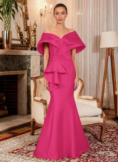Elegant Off-The-Shoulder Mermaid Floor-Length Satin Mother Of The Bride Dresses With Ruffle