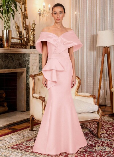 Elegant Off-The-Shoulder Mermaid Floor-Length Satin Mother Of The Bride Dresses With Ruffle