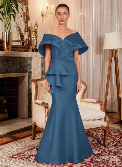 Elegant Off-The-Shoulder Mermaid Floor-Length Satin Mother Of The Bride Dresses With Ruffle