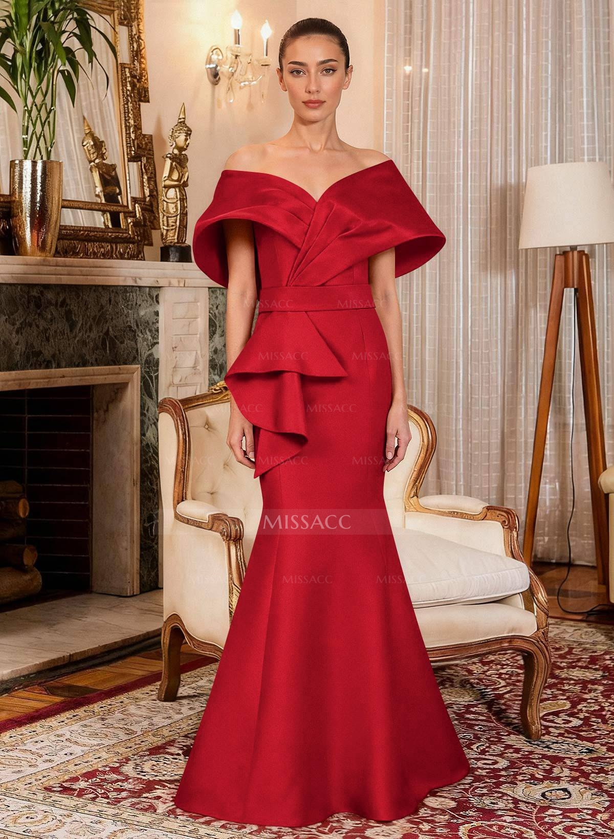 Elegant Off-The-Shoulder Mermaid Floor-Length Satin Mother Of The Bride Dresses With Ruffle
