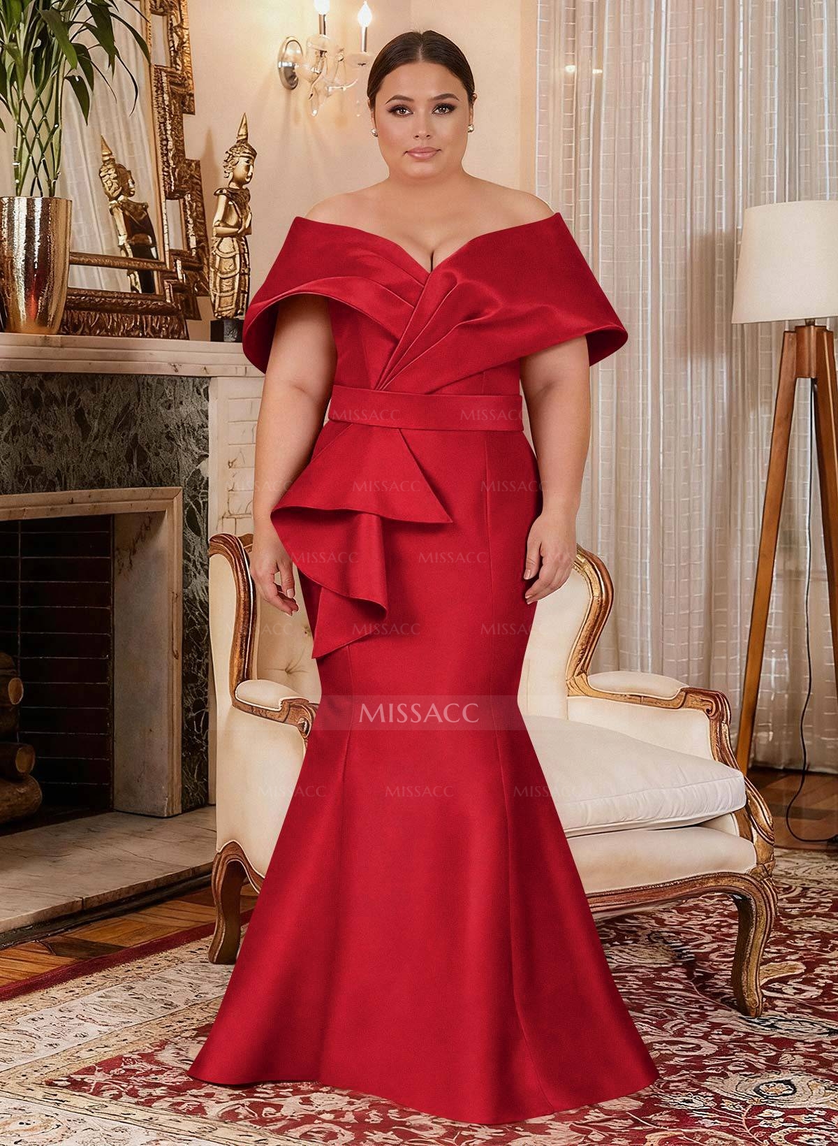 Elegant Off-The-Shoulder Mermaid Floor-Length Satin Mother Of The Bride Dresses With Ruffle