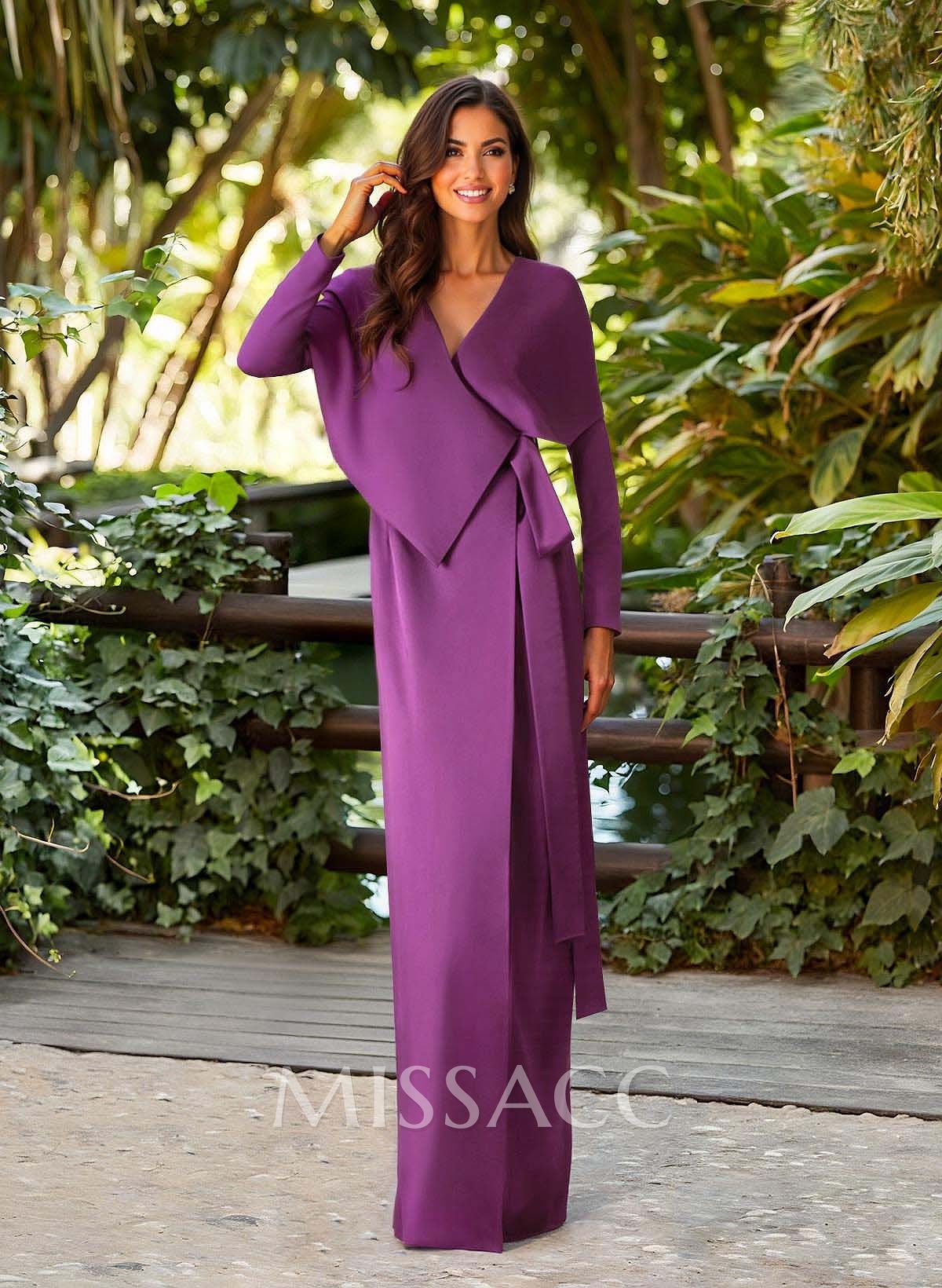 Elegant V-Neck Long Sleeves Floor-Length Crepe Satin Mother Of The Bride Dresses