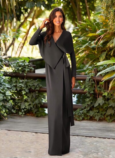 Elegant V-Neck Long Sleeves Floor-Length Crepe Satin Mother Of The Bride Dresses