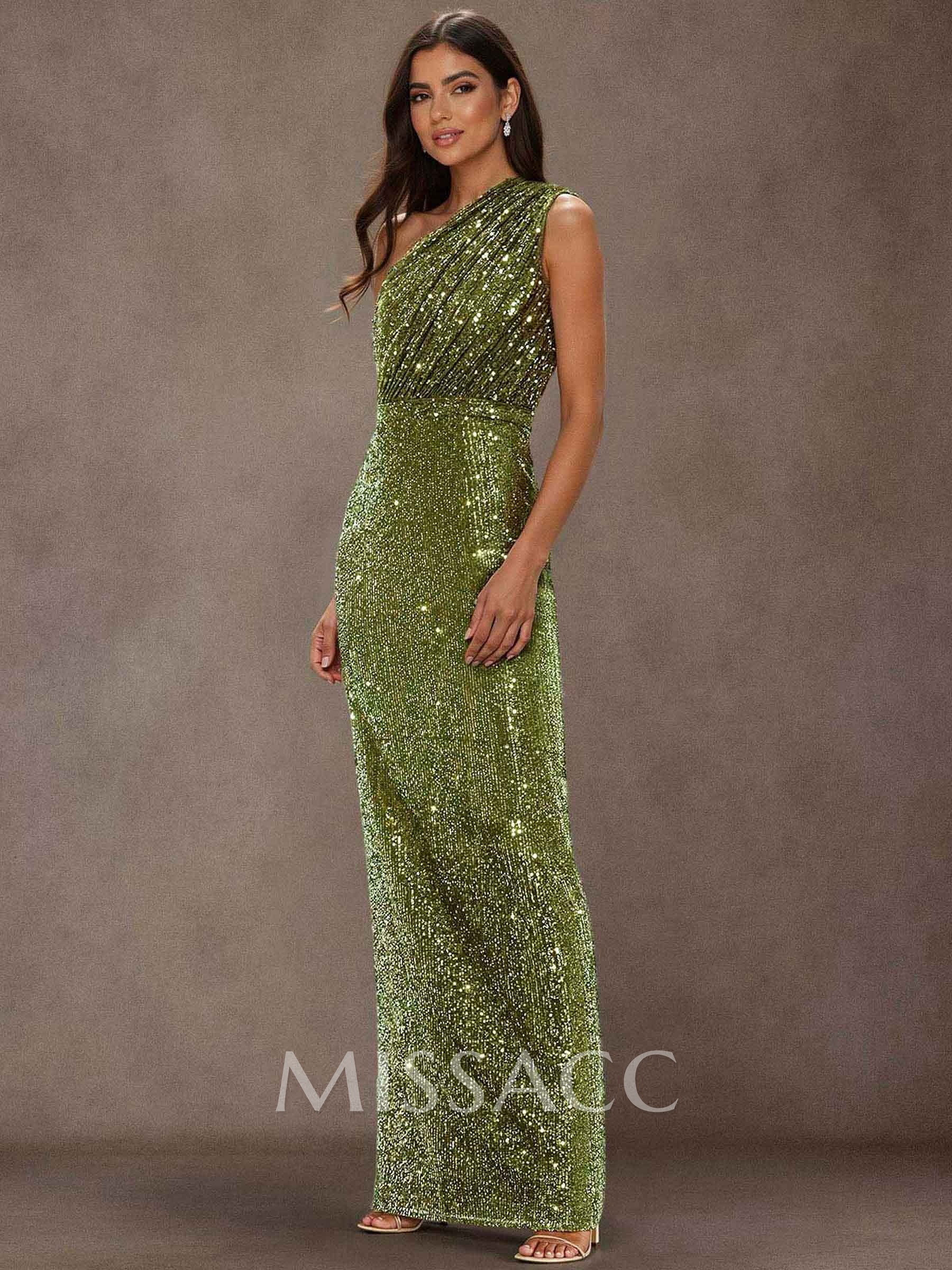 Sparkle & Shine One-Shoulder Back Slit Floor-Length Sequined Mother Of The Bride Dresses