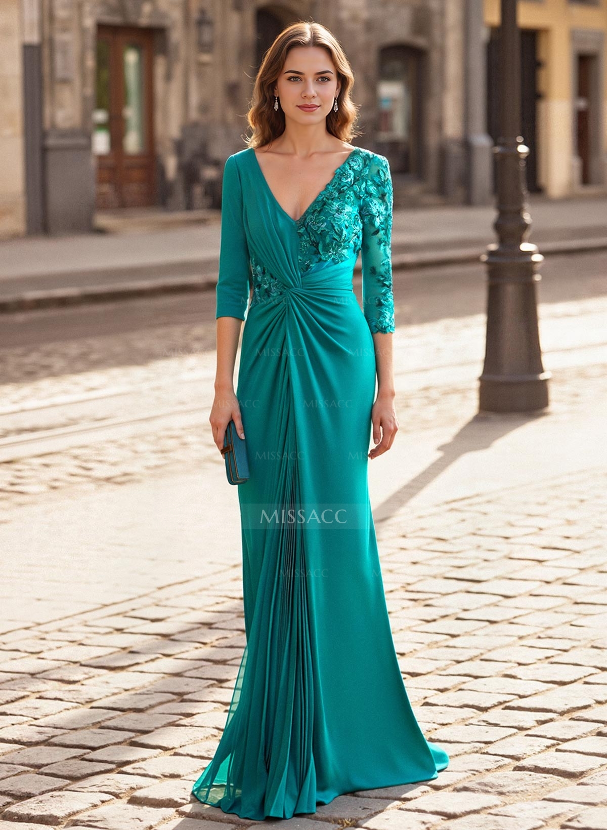 Elegant V-Neck Lace Long Sleeves Pleated Mermaid Floor-Length Chiffon/Elastic Satin Mother Of The Bride Dresses