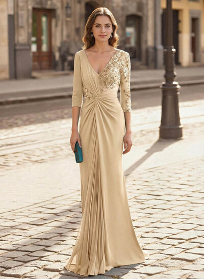 Elegant V-Neck Lace Long Sleeves Pleated Mermaid Floor-Length Chiffon/Elastic Satin Mother Of The Bride Dresses