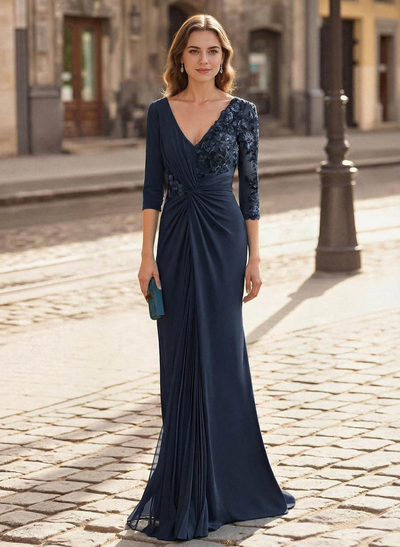 Elegant V-Neck Lace Long Sleeves Pleated Mermaid Floor-Length Chiffon/Elastic Satin Mother Of The Bride Dresses