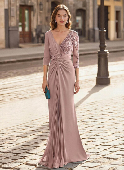 Elegant V-Neck Lace Long Sleeves Pleated Mermaid Floor-Length Chiffon/Elastic Satin Mother Of The Bride Dresses