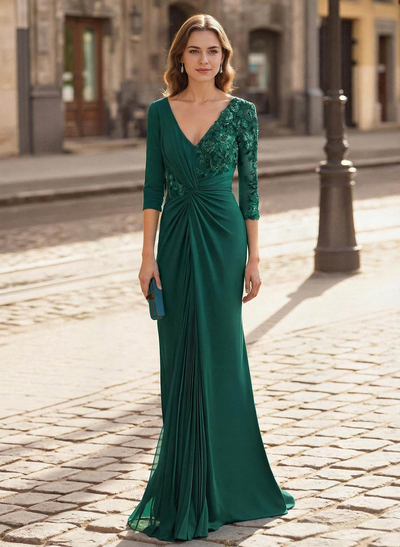 Elegant V-Neck Lace Long Sleeves Pleated Mermaid Floor-Length Chiffon/Elastic Satin Mother Of The Bride Dresses