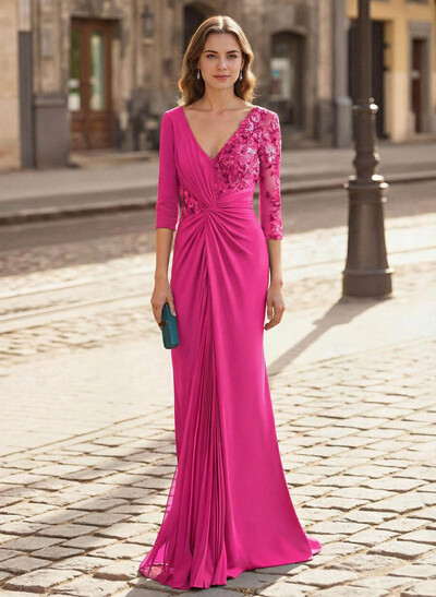 Elegant V-Neck Lace Long Sleeves Pleated Mermaid Floor-Length Chiffon/Elastic Satin Mother Of The Bride Dresses