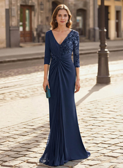 Elegant V-Neck Lace Long Sleeves Pleated Mermaid Floor-Length Chiffon/Elastic Satin Mother Of The Bride Dresses
