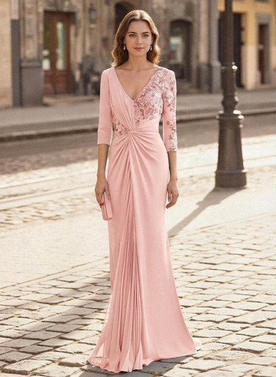 Elegant V-Neck Lace Long Sleeves Pleated Mermaid Floor-Length Chiffon/Elastic Satin Mother Of The Bride Dresses