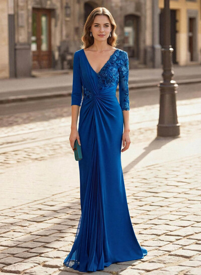Elegant V-Neck Lace Long Sleeves Pleated Mermaid Floor-Length Chiffon/Elastic Satin Mother Of The Bride Dresses