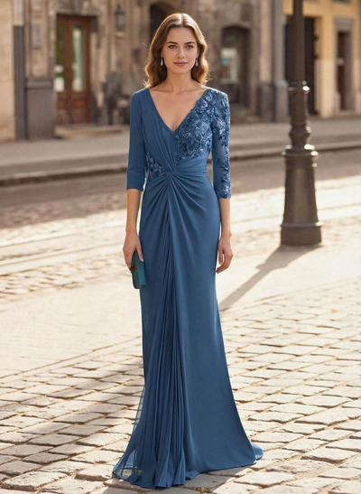 Elegant V-Neck Lace Long Sleeves Pleated Mermaid Floor-Length Chiffon/Elastic Satin Mother Of The Bride Dresses