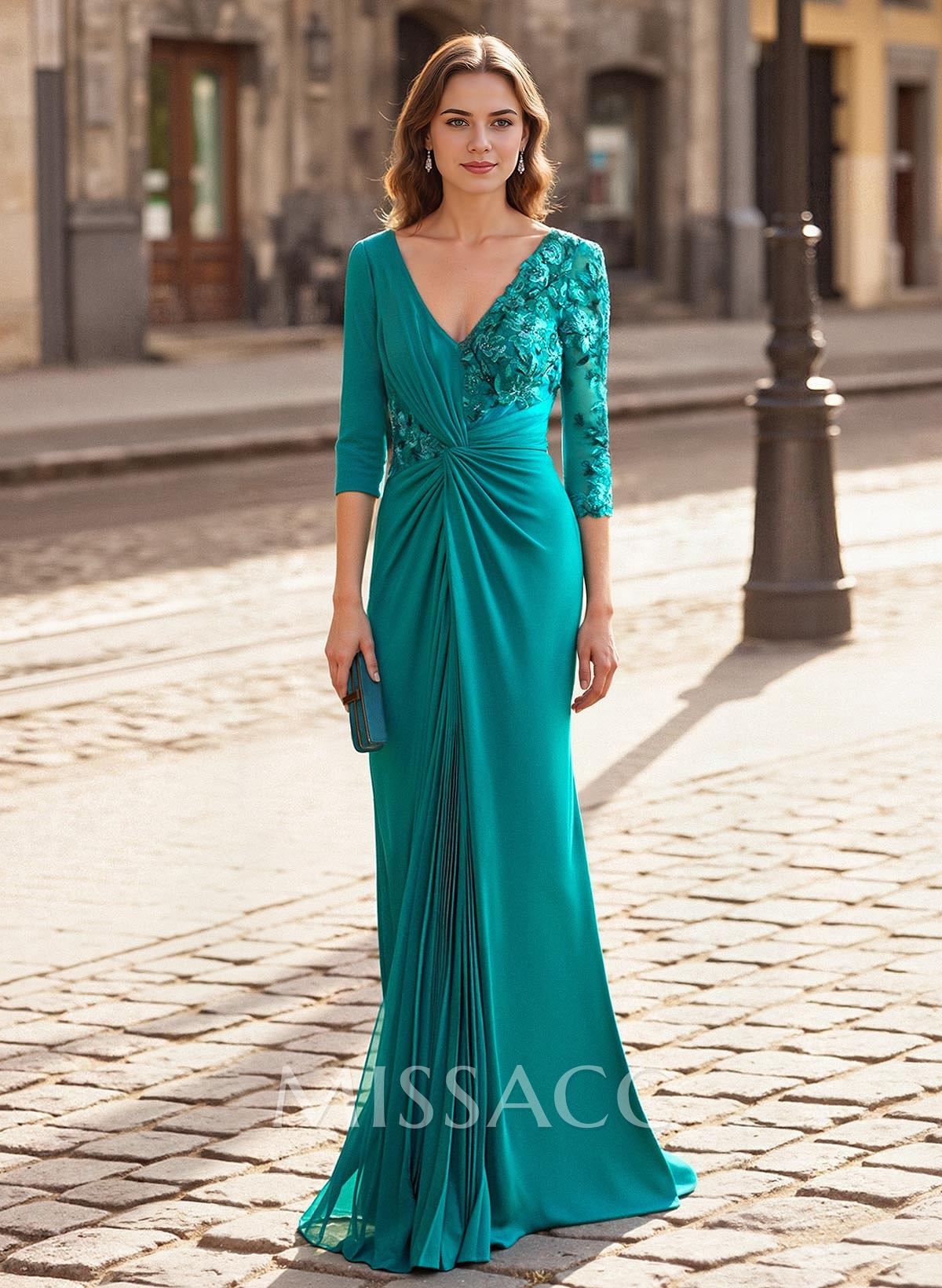 Elegant V-Neck Lace Long Sleeves Pleated Mermaid Floor-Length Chiffon/Jersey Mother Of The Bride Dresses Elegant V-Neck Lace Long Sleeves Pleated Mermaid Floor-Length Chiffon/Jersey Mother Of The Bride Dresses