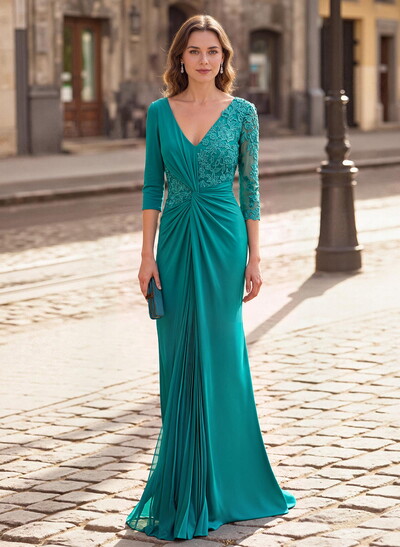 Elegant V-Neck Lace Long Sleeves Pleated Mermaid Floor-Length Chiffon/Jersey Mother Of The Bride Dresses