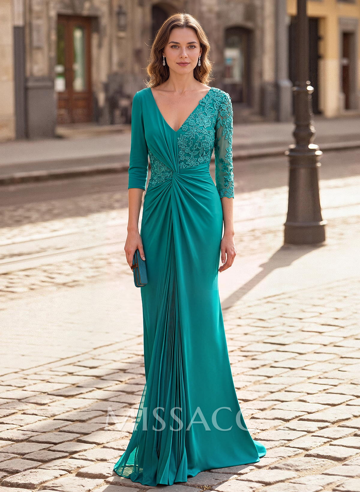 Elegant V-Neck Lace Long Sleeves Pleated Mermaid Floor-Length Chiffon/Jersey Mother Of The Bride Dresses Elegant V-Neck Lace Long Sleeves Pleated Mermaid Floor-Length Chiffon/Jersey Mother Of The Bride Dresses