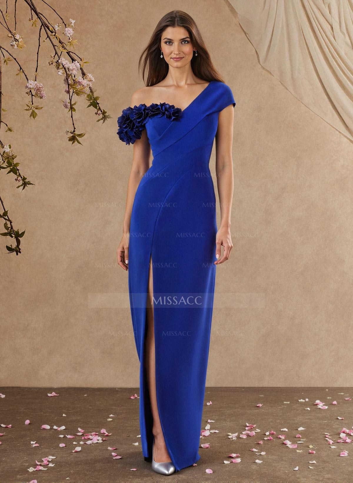 Elegant Flower(s) Asymmetrical Neckline High Split Floor-Length Elastic Satin Mother Of The Bride Dresses