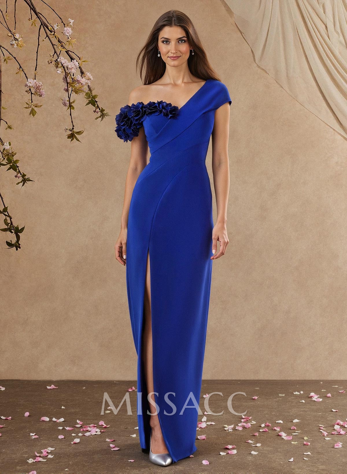 Elegant Flower(s) Asymmetrical Neckline High Split Floor-Length Elastic Satin Mother Of The Bride Dresses