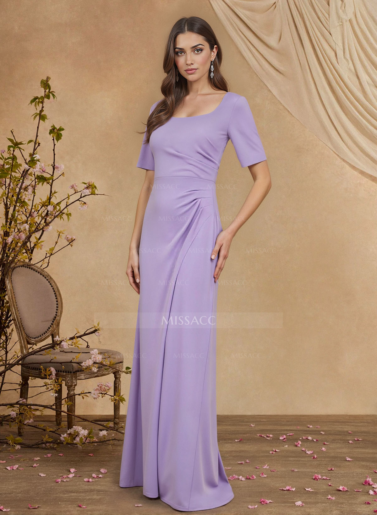Elegant Square Neckline Short Sleeves Floor-Length Elastic Satin Mother Of The Bride Dresses