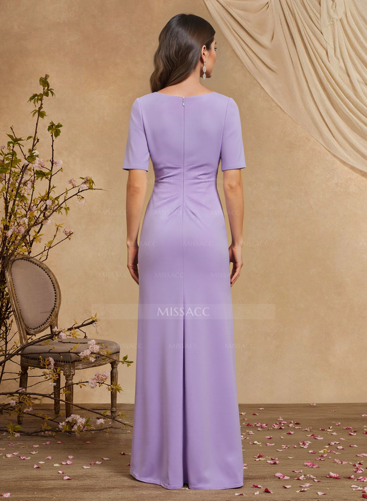 Elegant Square Neckline Short Sleeves Floor-Length Elastic Satin Mother Of The Bride Dresses